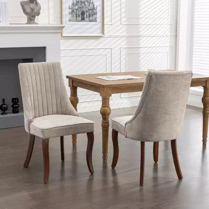 MAYEERTY Rayon Flocking Linen Dining Chairs - Channel Tufting, Curved Solid Wood Legs, Beige, Set of 2