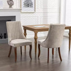 MAYEERTY Rayon Flocking Linen Dining Chairs - Channel Tufting, Curved Solid Wood Legs, Beige, Set of 2