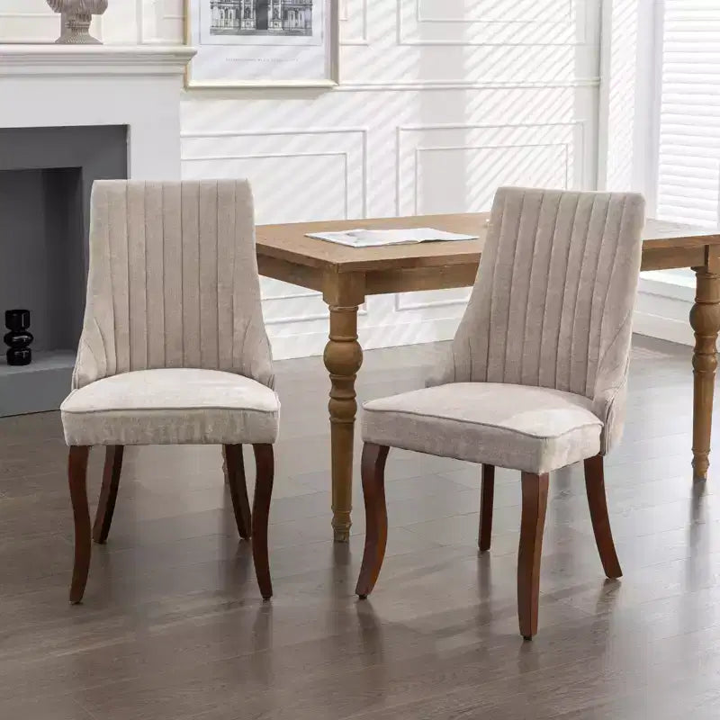 Chaises de salle à manger Rayon en lin flocé - Capitonnage cannelé, pieds incurvés en bois massif, beige (lot de 2)