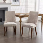 Chaises de salle à manger Rayon en lin flocé - Capitonnage cannelé, pieds incurvés en bois massif, beige (lot de 2)