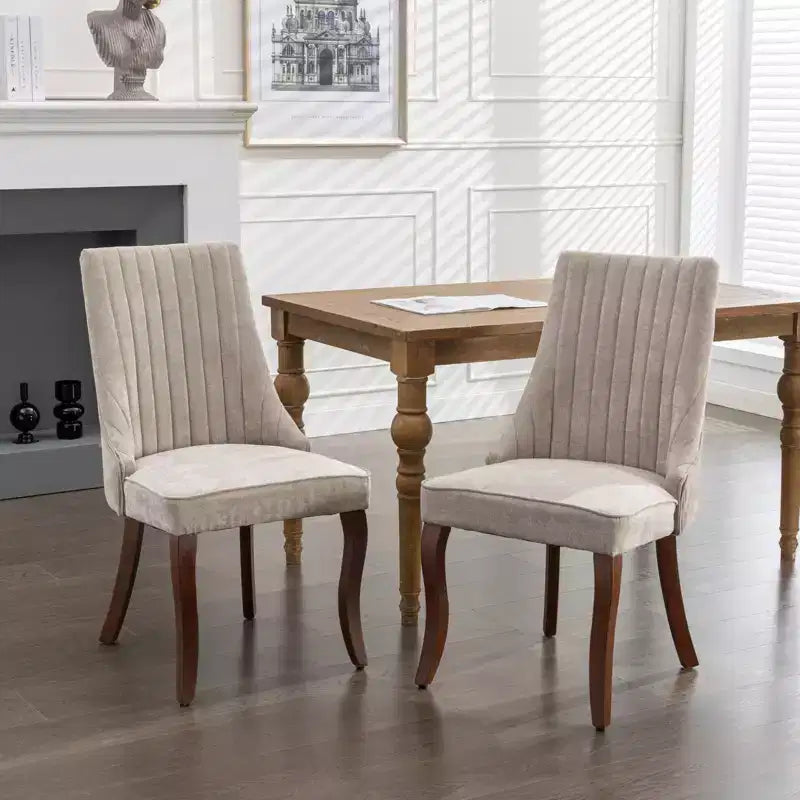 Chaises de salle à manger Rayon en lin flocé - Capitonnage cannelé, pieds incurvés en bois massif, beige (lot de 2)
