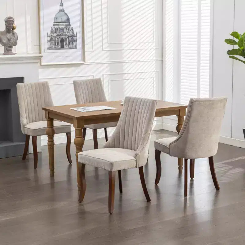 Chaises de salle à manger Rayon en lin flocé - Capitonnage cannelé, pieds incurvés en bois massif, beige (lot de 2)
