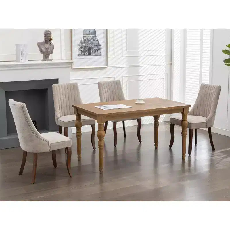 Chaises de salle à manger Rayon en lin flocé - Capitonnage cannelé, pieds incurvés en bois massif, beige (lot de 2)