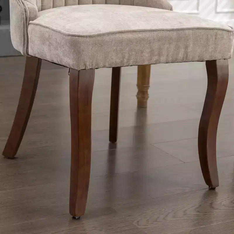 Chaises de salle à manger Rayon en lin flocé - Capitonnage cannelé, pieds incurvés en bois massif, beige (lot de 2)