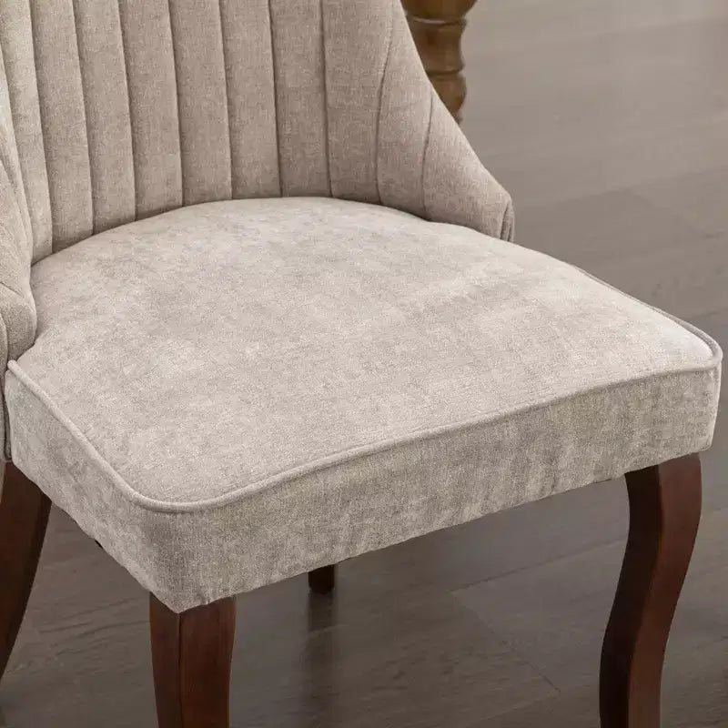 Chaises de salle à manger Rayon en lin flocé - Capitonnage cannelé, pieds incurvés en bois massif, beige (lot de 2)