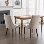 Chaises de salle à manger Rayon en lin flocé - Capitonnage cannelé, pieds incurvés en bois massif, beige (lot de 2)