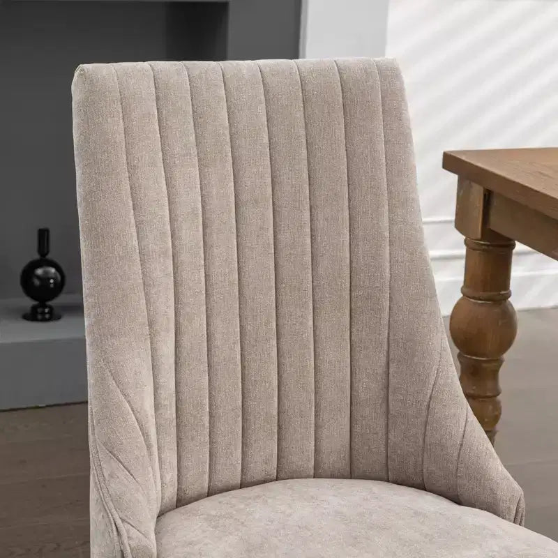 Chaises de salle à manger Rayon en lin flocé - Capitonnage cannelé, pieds incurvés en bois massif, beige (lot de 2)