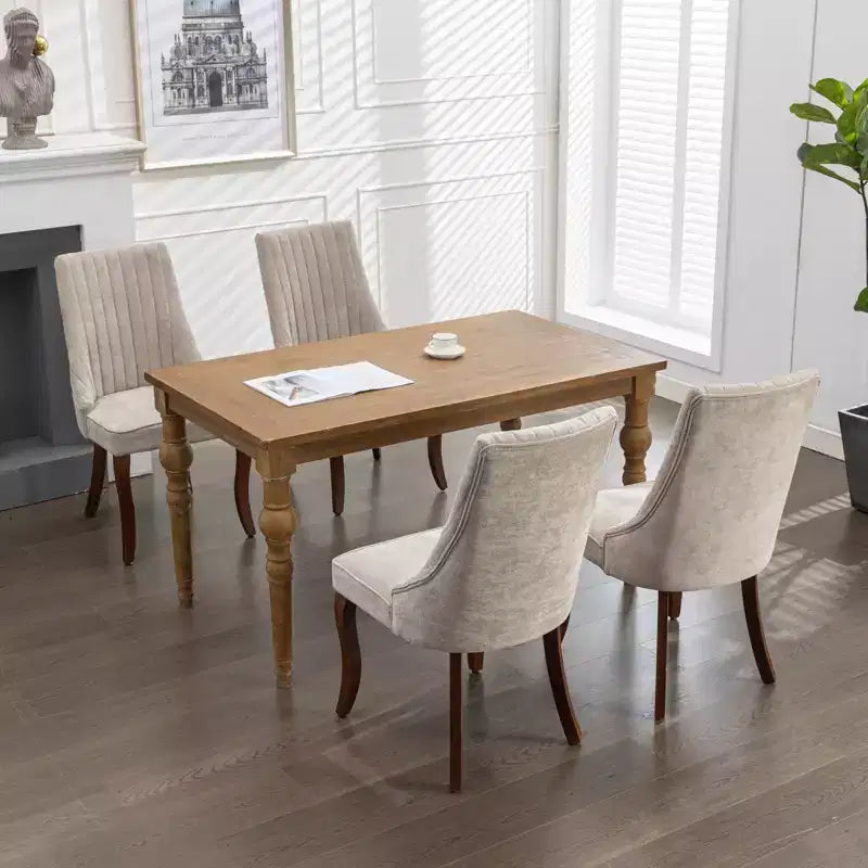 Chaises de salle à manger Rayon en lin flocé - Capitonnage cannelé, pieds incurvés en bois massif, beige (lot de 2)