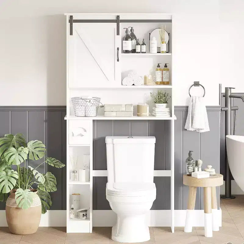 Meuble de rangement au-dessus des toilettes – Design porte coulissante type grange ou double porte avec étagères réglables et support de papier toilette (blanc)