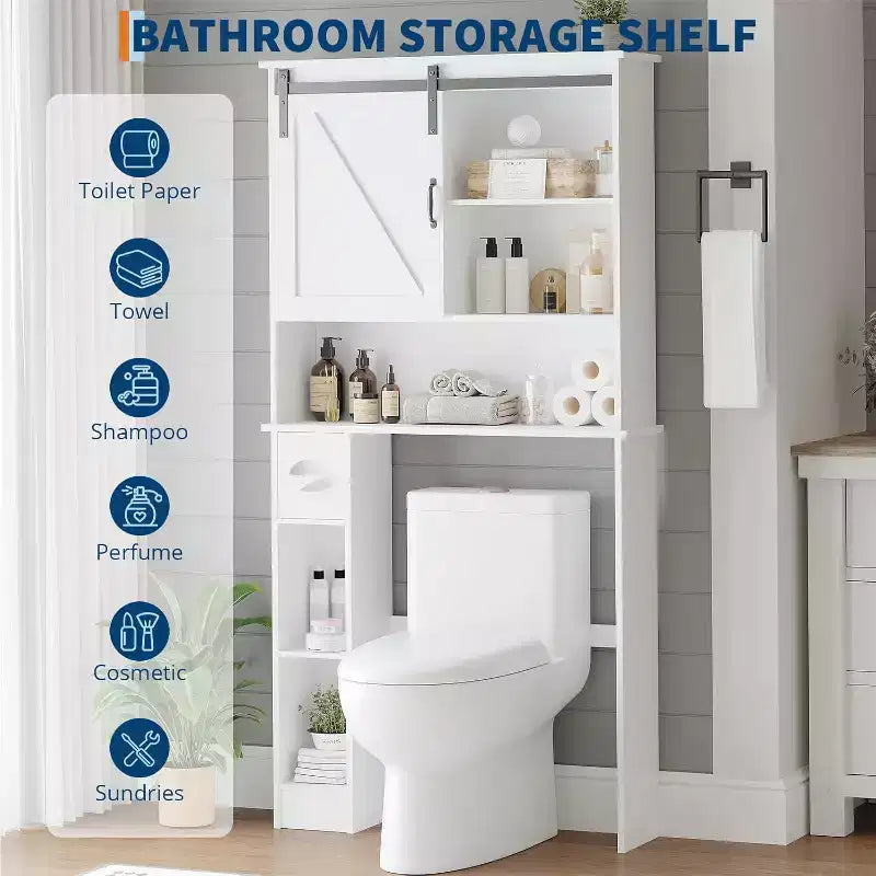 Meuble de rangement au-dessus des toilettes – Design porte coulissante type grange ou double porte avec étagères réglables et support de papier toilette (blanc)