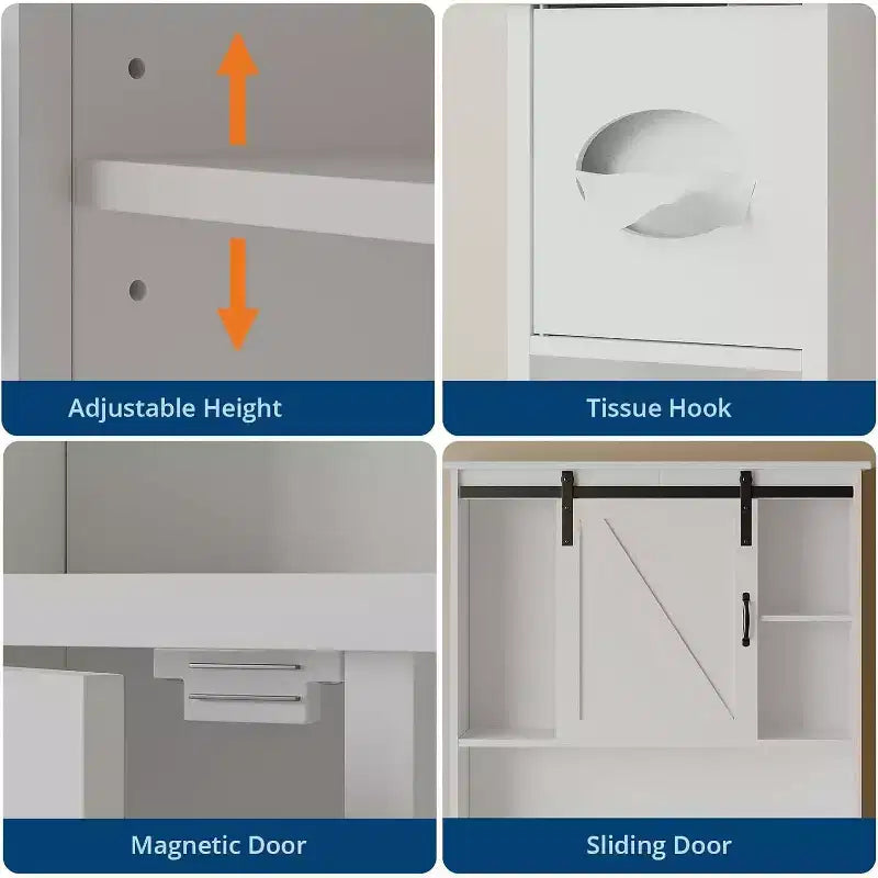 Meuble de rangement au-dessus des toilettes – Design porte coulissante type grange ou double porte avec étagères réglables et support de papier toilette (blanc)
