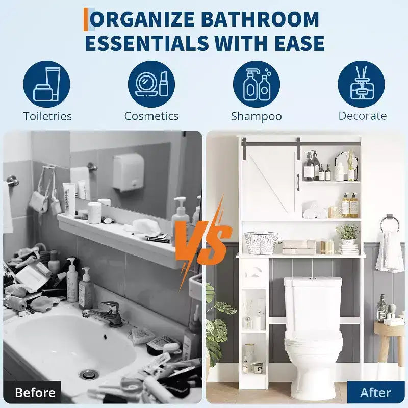 Meuble de rangement au-dessus des toilettes – Design porte coulissante type grange ou double porte avec étagères réglables et support de papier toilette (blanc)