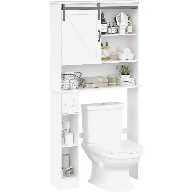 Meuble de rangement au-dessus des toilettes – Design porte coulissante type grange ou double porte avec étagères réglables et support de papier toilette (blanc)