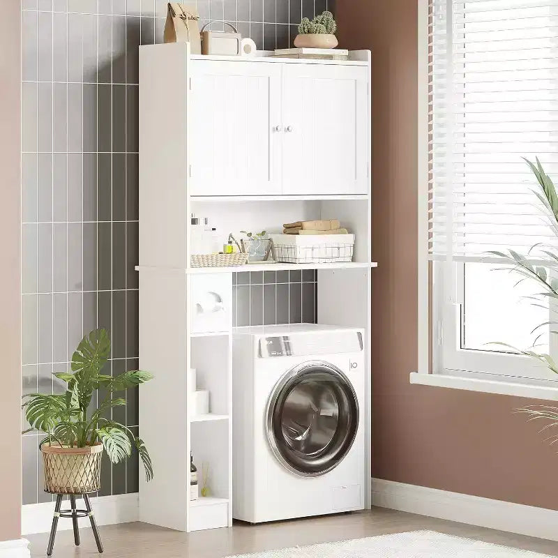 Meuble de rangement au-dessus des toilettes – Design porte coulissante type grange ou double porte avec étagères réglables et support de papier toilette (blanc)