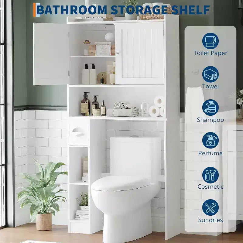 Meuble de rangement au-dessus des toilettes – Design porte coulissante type grange ou double porte avec étagères réglables et support de papier toilette (blanc)