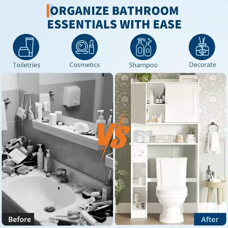 Meuble de rangement au-dessus des toilettes – Design porte coulissante type grange ou double porte avec étagères réglables et support de papier toilette (blanc)