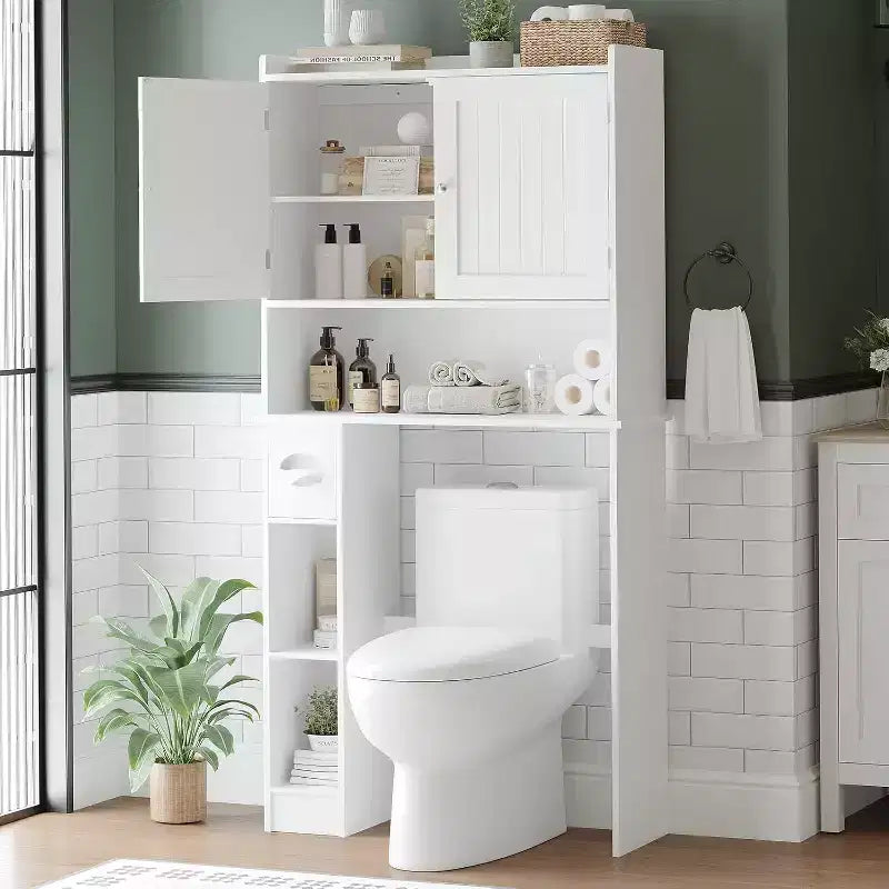 Meuble de rangement au-dessus des toilettes – Design porte coulissante type grange ou double porte avec étagères réglables et support de papier toilette (blanc)