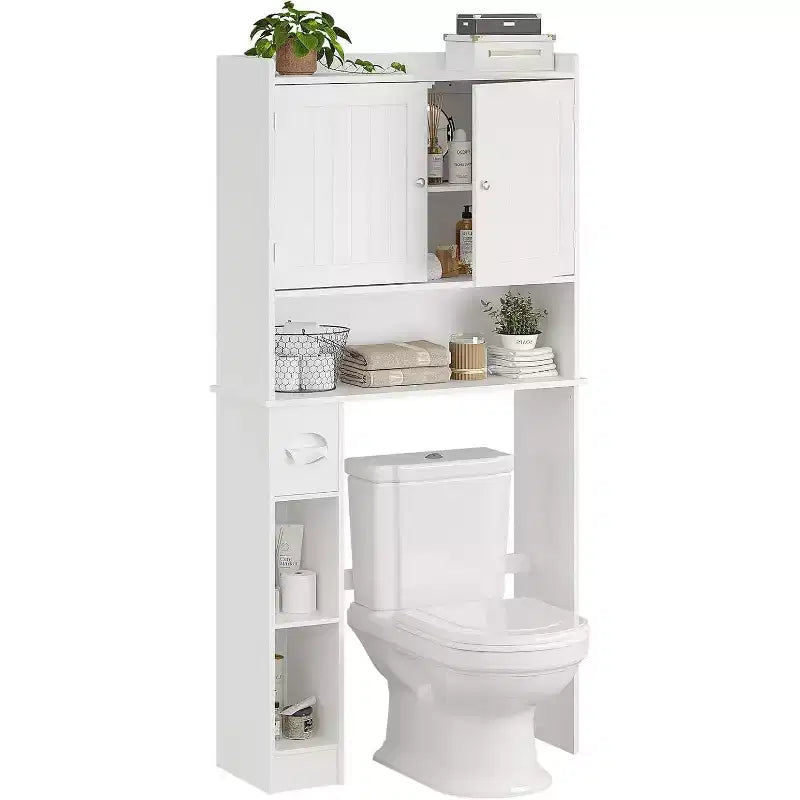 Meuble de rangement au-dessus des toilettes – Design porte coulissante type grange ou double porte avec étagères réglables et support de papier toilette (blanc)