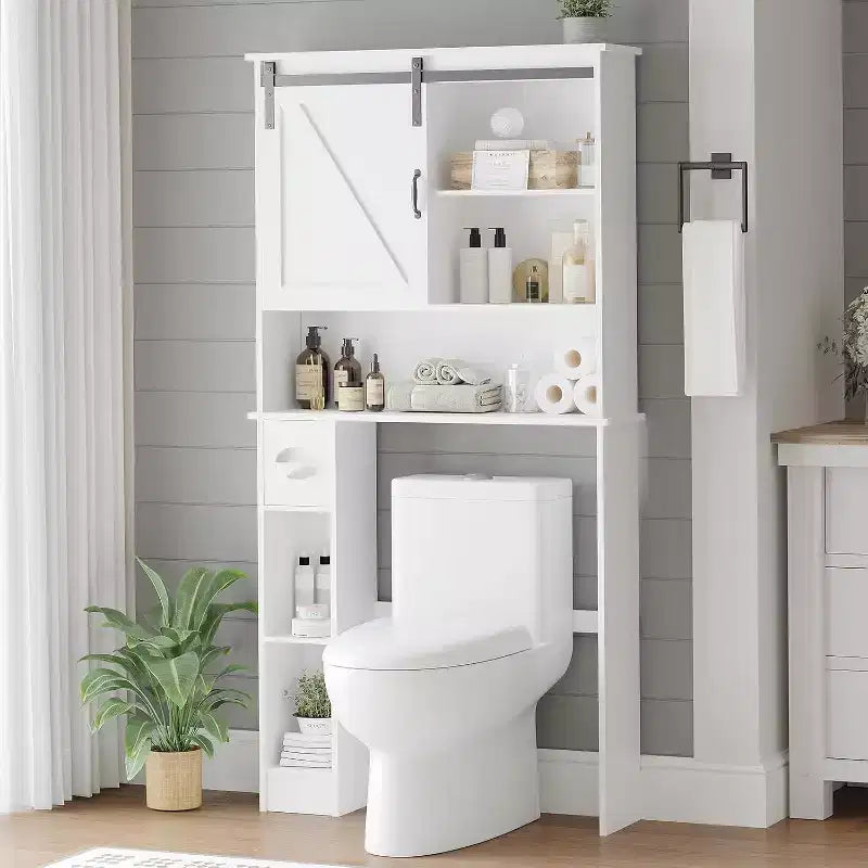 Meuble de rangement au-dessus des toilettes – Design porte coulissante type grange ou double porte avec étagères réglables et support de papier toilette (blanc)