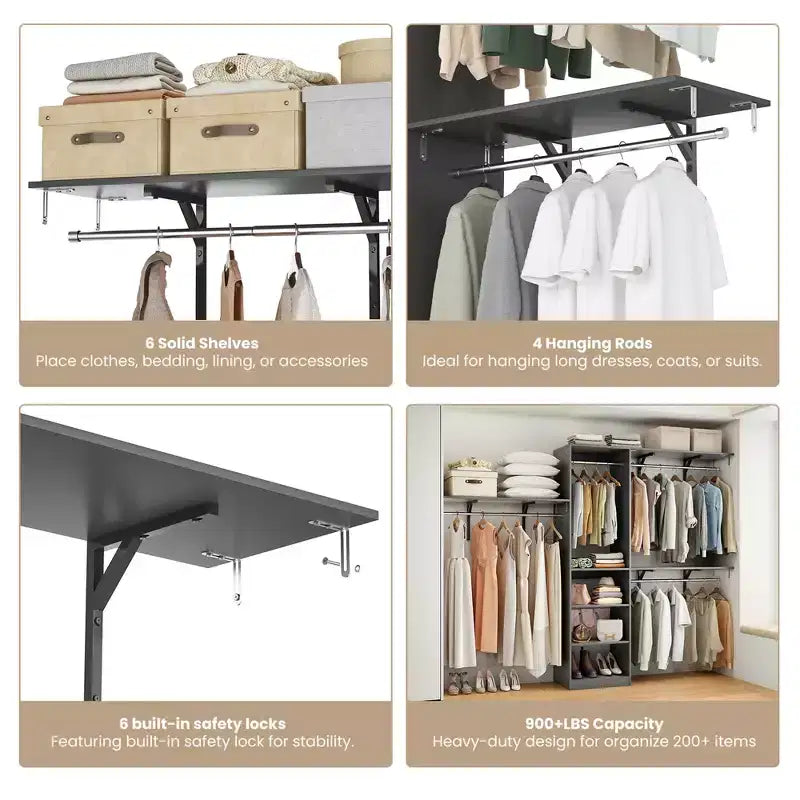 Organisateur de placard en bois robuste gris 96x16x75 - 4 tringles et 5 étagères
