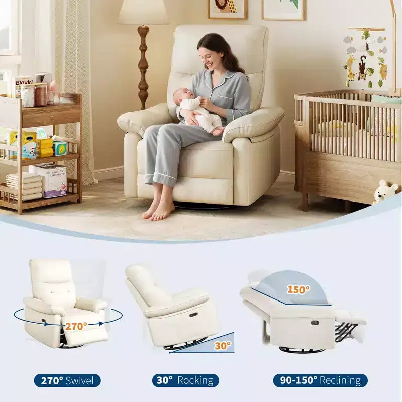 Fauteuil inclinable électrique, fauteuil inclinable pivotant en cuir PU avec ports, fauteuil inclinable de maternité rembourré, Beige