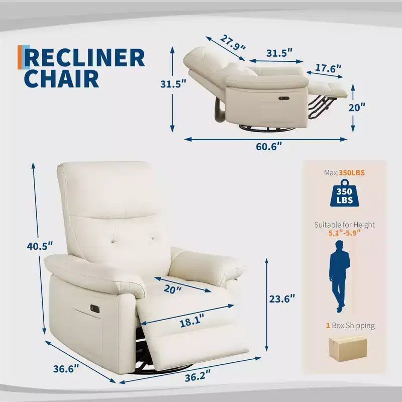 Fauteuil inclinable électrique, fauteuil inclinable pivotant en cuir PU avec ports, fauteuil inclinable de maternité rembourré, Beige