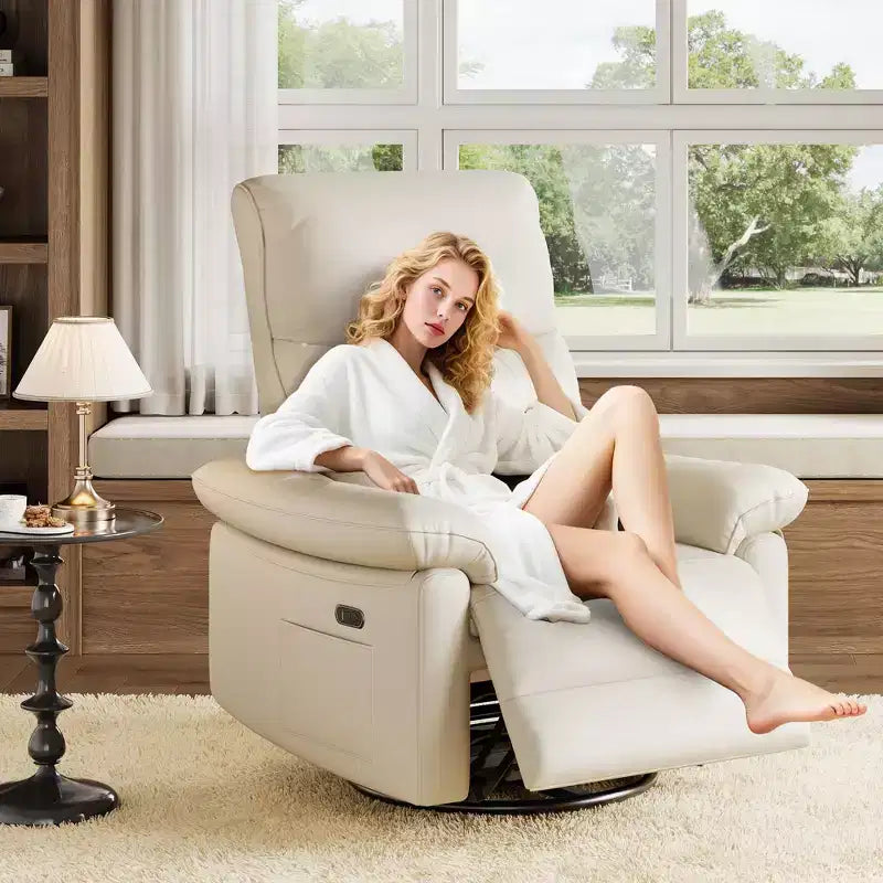 Fauteuil inclinable électrique, fauteuil inclinable pivotant en cuir PU avec ports, fauteuil inclinable de maternité rembourré, Beige