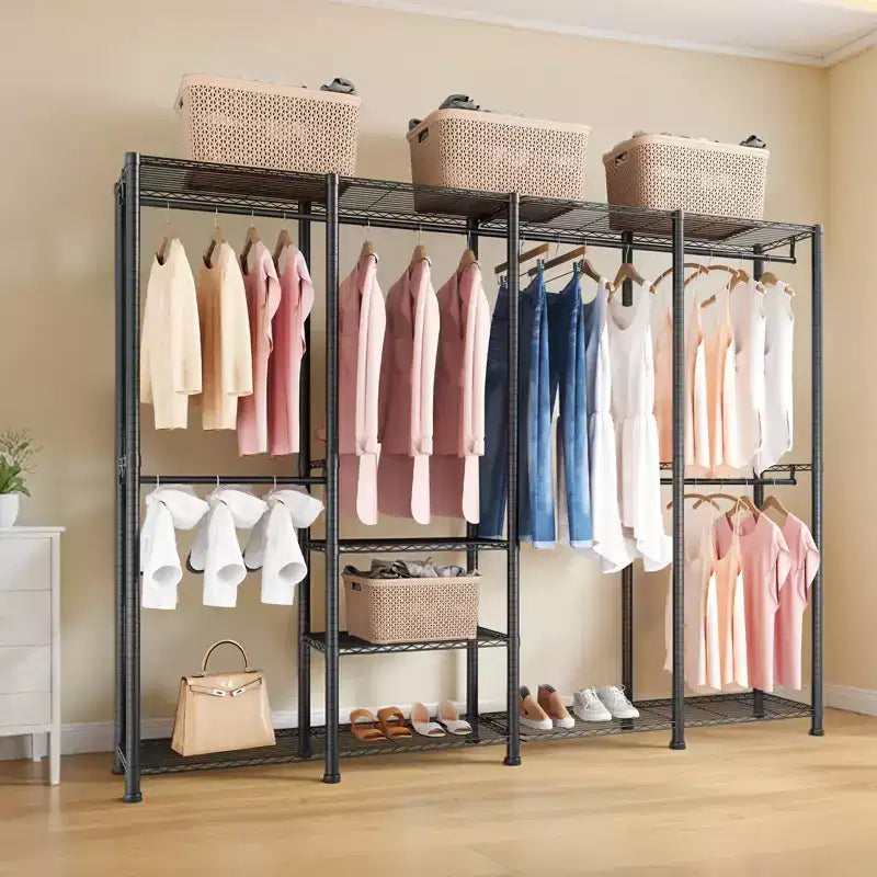Portant à vêtements, Armoire robuste, Étagères réglables avec cadre en acier, Capacité de charge de 500 kg avec 4 tringles de suspension, Noir
