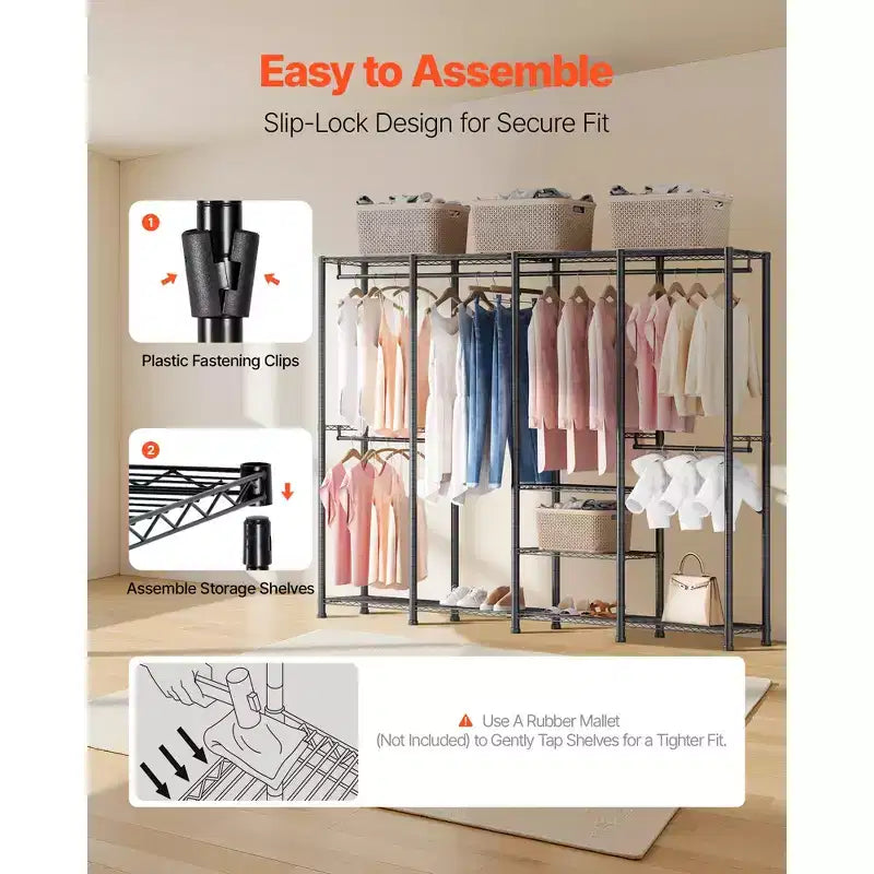 Portant à vêtements, Armoire robuste, Étagères réglables avec cadre en acier, Capacité de charge de 500 kg avec 4 tringles de suspension, Noir