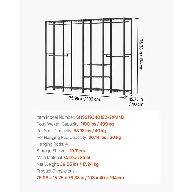 Portant à vêtements, Armoire robuste, Étagères réglables avec cadre en acier, Capacité de charge de 500 kg avec 4 tringles de suspension, Noir