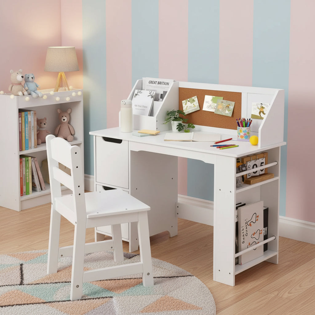 GustoWave White Office Chair Set with Bookshelf, Notice Board and Cabinets Ideal for Boys and Girls 3 to 8 Years