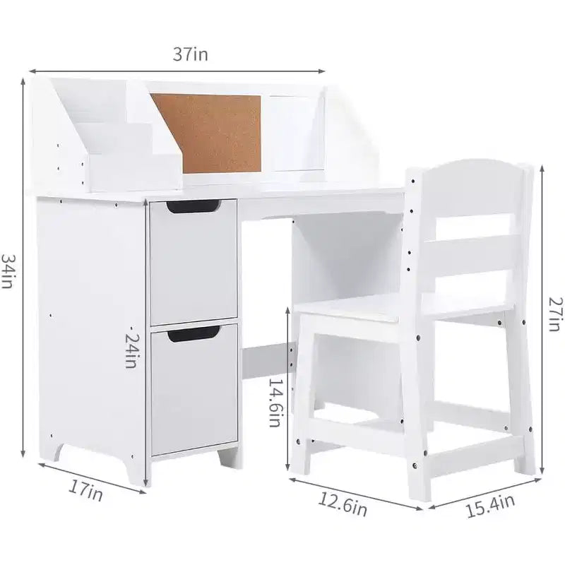 Chaise de bureau blanche avec étagère, tableau d'affichage et armoires idéale pour les garçons et les filles de 3 à 8 ans