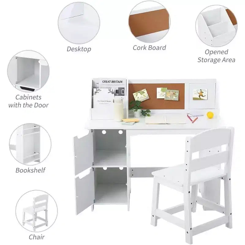 Chaise de bureau blanche avec étagère, tableau d'affichage et armoires idéale pour les garçons et les filles de 3 à 8 ans