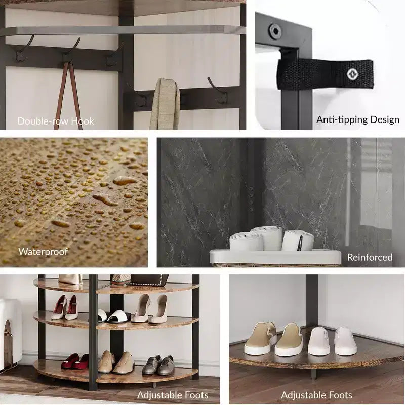 Porte-manteau d'angle, meuble d'entrée d'angle avec banc à chaussures et 6 patères doubles pour entrée, couloir, salle de bain, placard