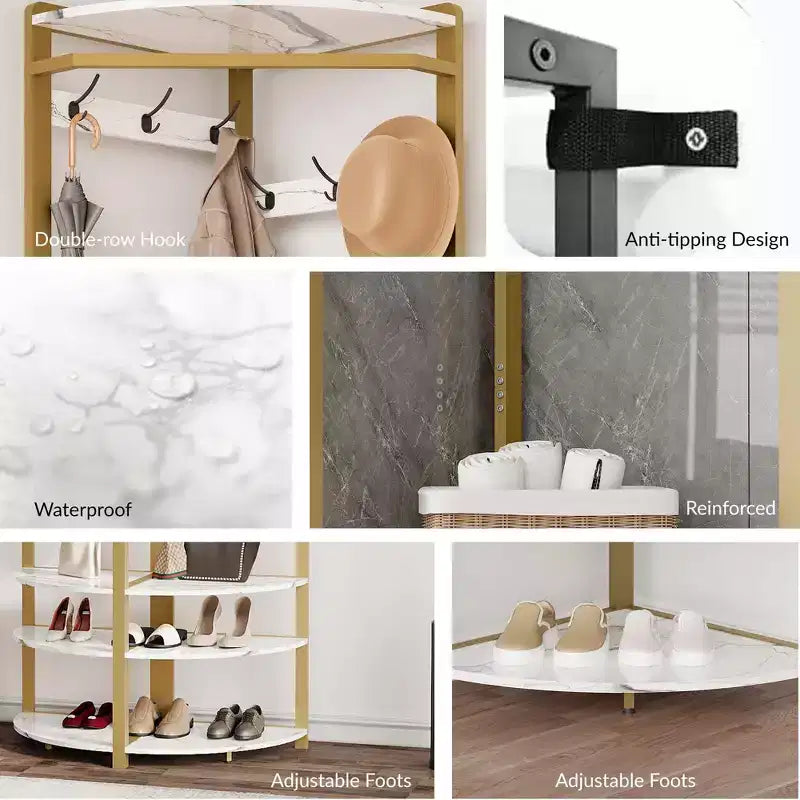 Porte-manteau d'angle, meuble d'entrée d'angle avec banc à chaussures et 6 patères doubles pour entrée, couloir, salle de bain, placard