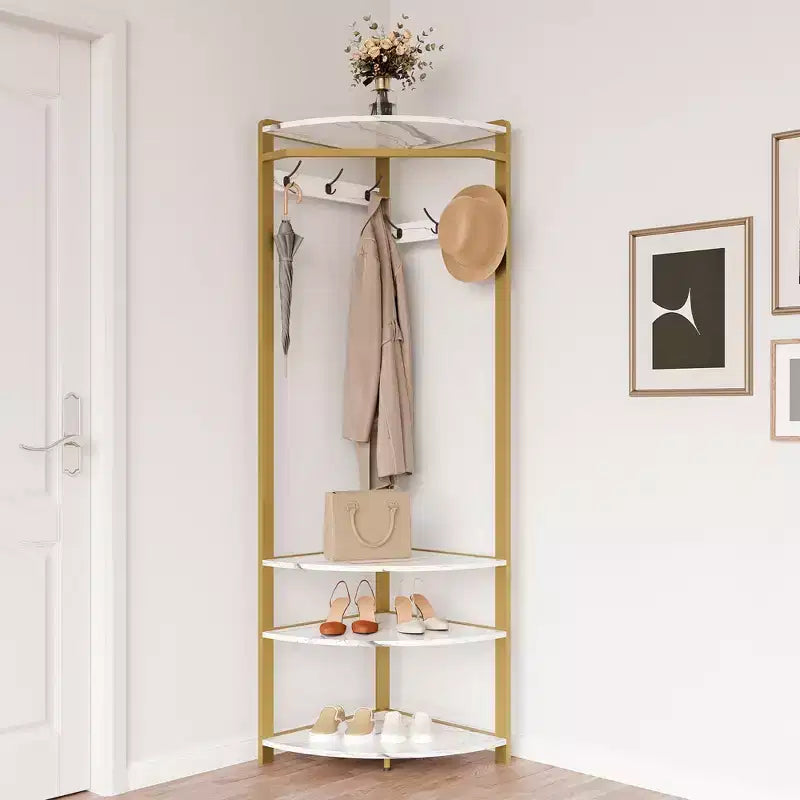 CuisinSmart Corner Coat Rack, Corner Hall Tree with Shoe Bench Shelf & 6 Double Hooks for Entryway, Hallway, Bathroom, Closet