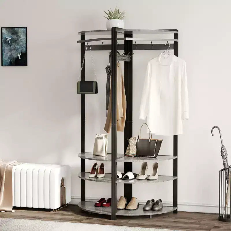 Porte-manteau d'angle, meuble d'entrée d'angle avec banc à chaussures et 6 patères doubles pour entrée, couloir, salle de bain, placard