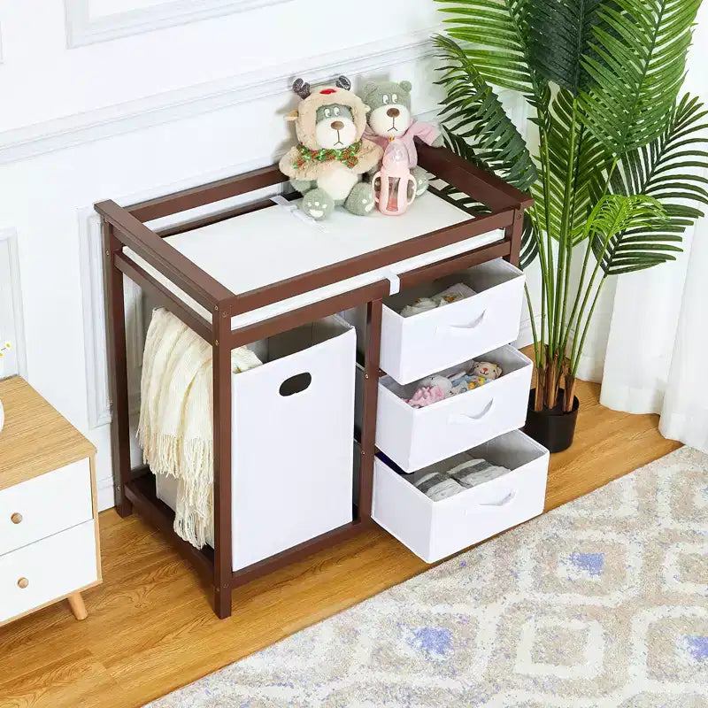 COZONY Wooden Baby Changing Table with 3 Drawers, Laundry Hamper & Changing Pad, Modern Nursery Dresser for Newborns and Infants