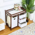 COZONY Wooden Baby Changing Table with 3 Drawers, Laundry Hamper & Changing Pad, Modern Nursery Dresser for Newborns and Infants