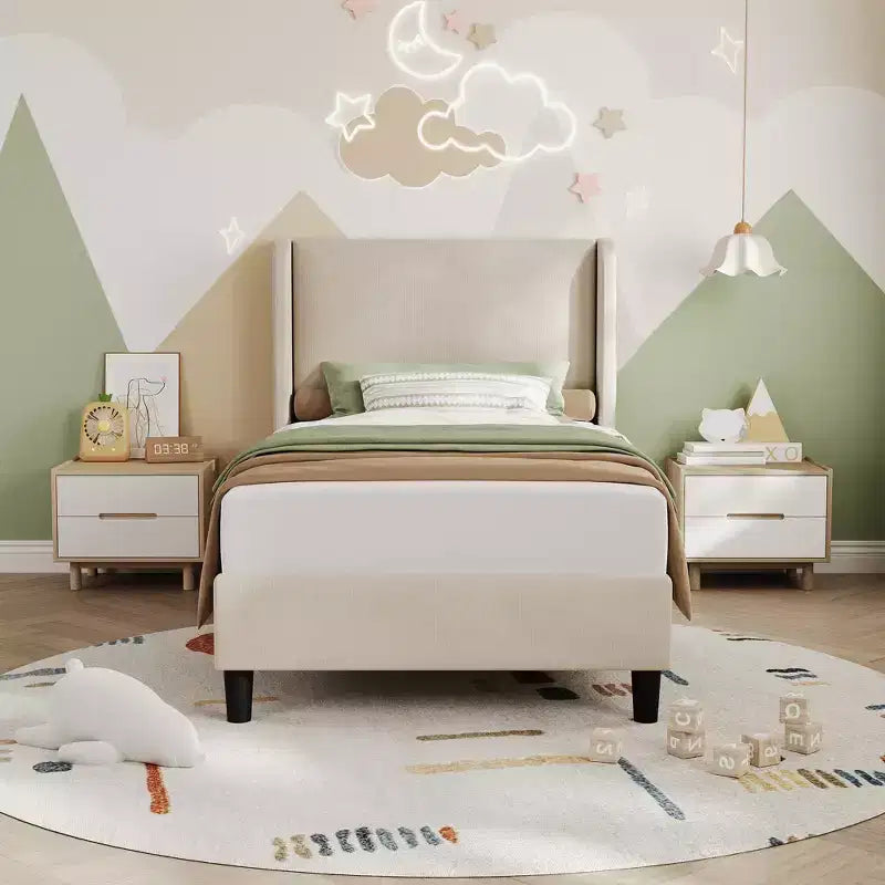 Upholstered Queen Bed Frame with Headboad, Comfy Vertical Velvet Platform Bed, Sturdy Wooden Slat Support, No Box Spring Needed, Easy to Assemble