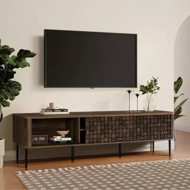LuxenHome 71 Modern TV Stand for TVs up to 75, Brown Wood Media Console with Basket-Weave Sliding Doors