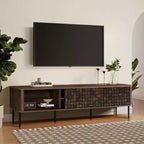 LuxenHome 71 Modern TV Stand for TVs up to 75, Brown Wood Media Console with Basket-Weave Sliding Doors