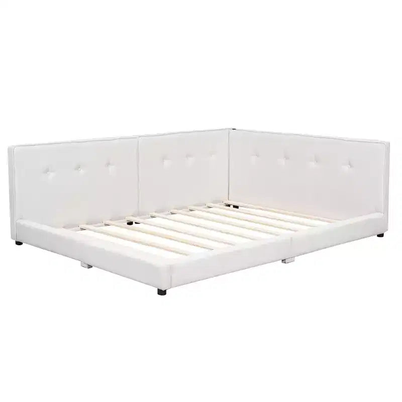 Lit de repos d'angle en forme de L, canapé-lit rembourré avec ports USB, cadre de lit plateforme capitonné en lin avec tête de lit