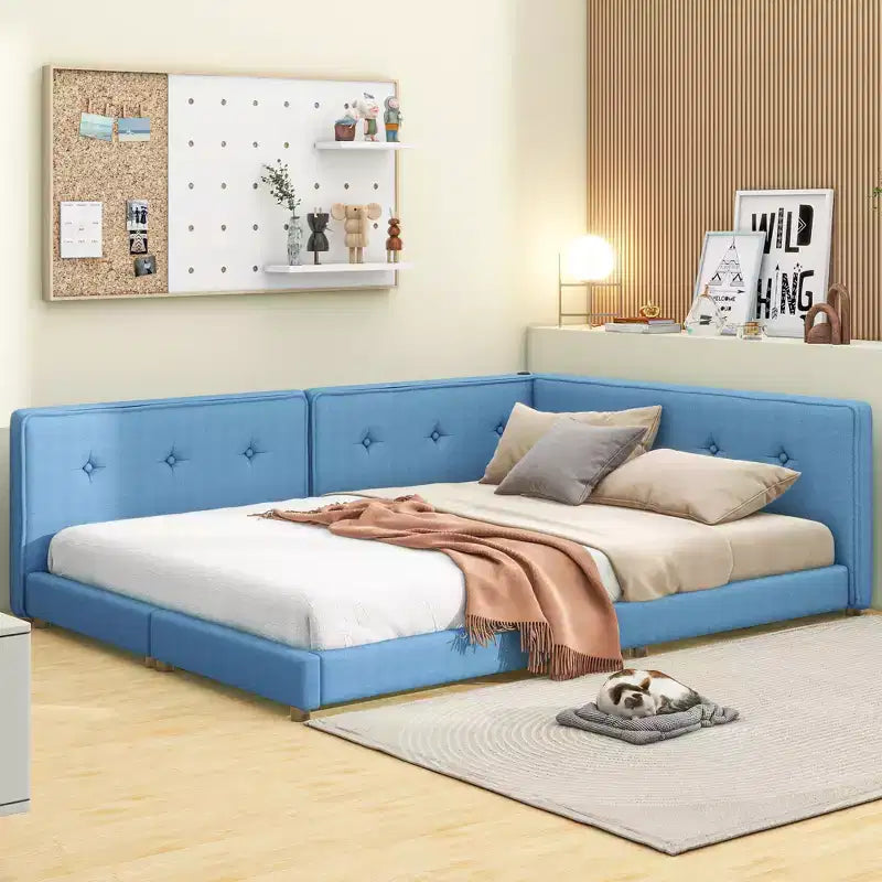 Lit de repos d'angle en forme de L, canapé-lit rembourré avec ports USB, cadre de lit plateforme capitonné en lin avec tête de lit