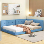 Lit de repos d'angle en forme de L, canapé-lit rembourré avec ports USB, cadre de lit plateforme capitonné en lin avec tête de lit