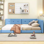 Lit de repos d'angle en forme de L, canapé-lit rembourré avec ports USB, cadre de lit plateforme capitonné en lin avec tête de lit