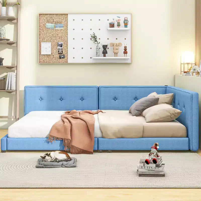 Lit de repos d'angle en forme de L, canapé-lit rembourré avec ports USB, cadre de lit plateforme capitonné en lin avec tête de lit