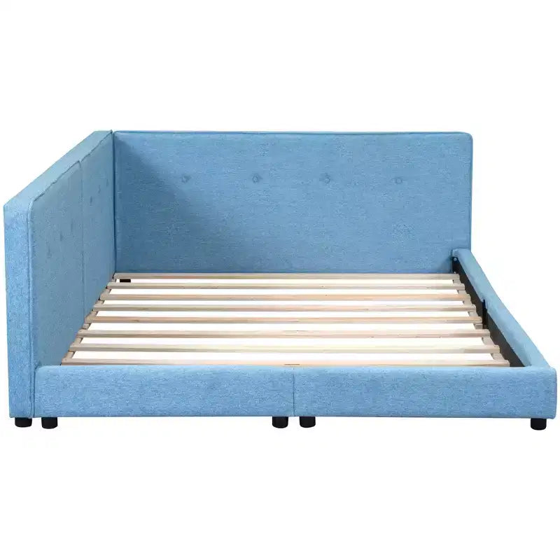 Lit de repos d'angle en forme de L, canapé-lit rembourré avec ports USB, cadre de lit plateforme capitonné en lin avec tête de lit