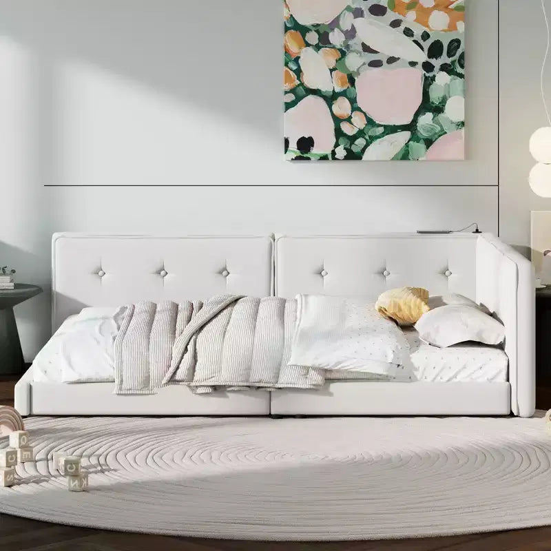 Lit de repos d'angle en forme de L, canapé-lit rembourré avec ports USB, cadre de lit plateforme capitonné en lin avec tête de lit