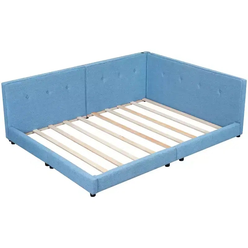 Lit de repos d'angle en forme de L, canapé-lit rembourré avec ports USB, cadre de lit plateforme capitonné en lin avec tête de lit